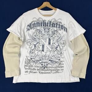 Y2K Lambikston Graphic Layered Long Waffle Sleeve Shirt Crest Print Size L Skate